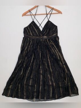 Arden B Silk Baby Doll Halter Dress Black Gold Metallic Sz 10 Cocktail Party Y2K